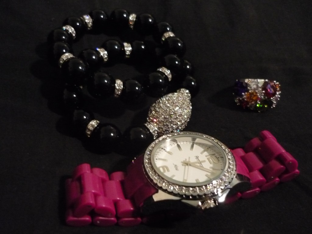 Joan Boyce bracelet in Black, Avon ring and Hot Pink Resin Watch by Armitron